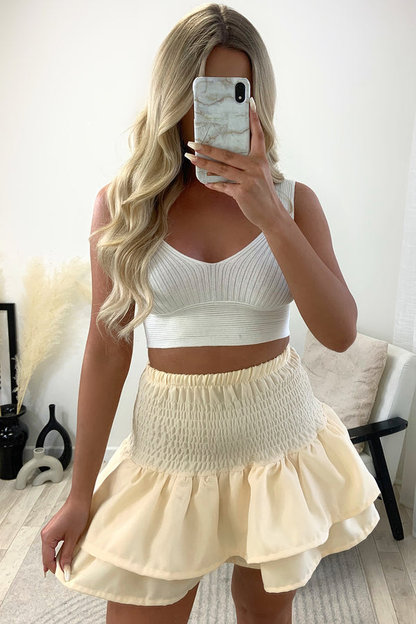 Cece Lemon Shirred Waist Ruffle Hem Mini Skirt